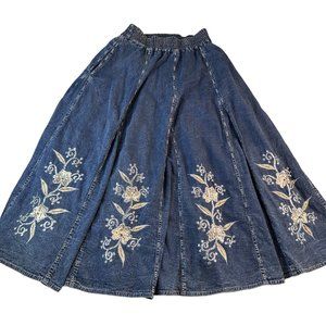 Vintage Niya Denim Skirt Womens Medium Midi Embroidery Aline Pockets Jean Bling